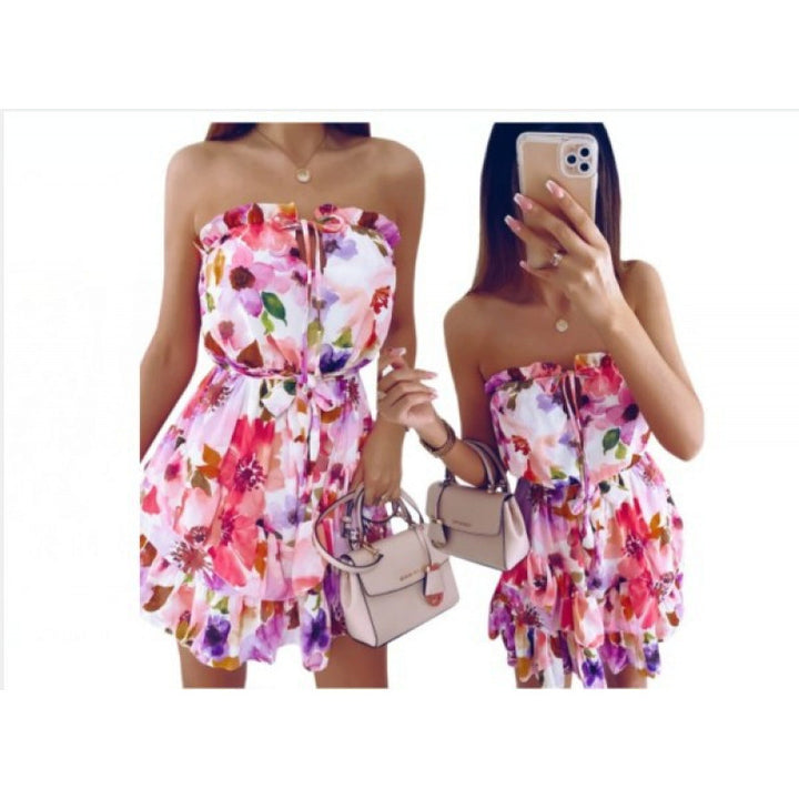 Dame Strapless Blomster Mønster Mini-Kjole med Rüschen-Saum Stilla