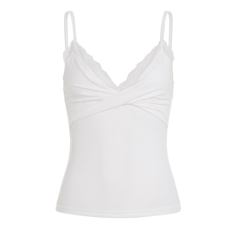 Damen Spaghetti-Top mit Spitzenborte und Wickeldesign Skovae