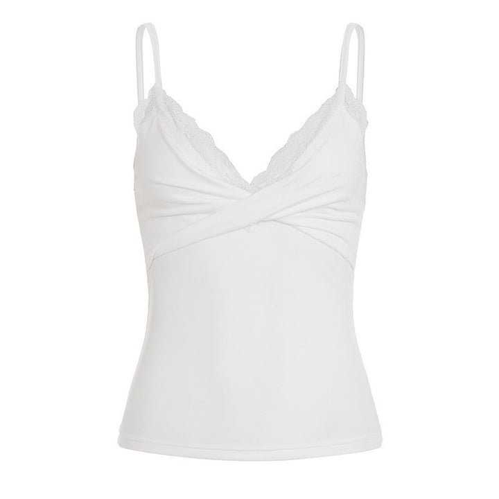 Damen Spaghetti-Top mit Spitzenborte und Wickeldesign Skovae
