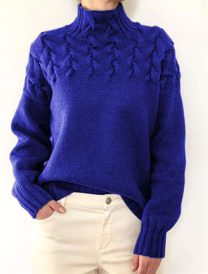 Dame grovstrikket pullover med ståkrave og fletmønster Stilla