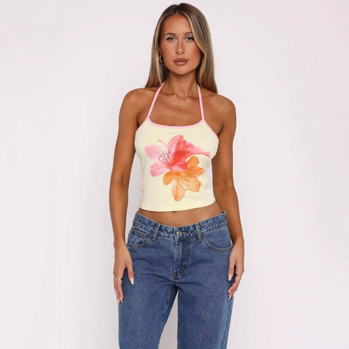 Dame Crop-Top med floraltryk og justerbare stropper Skovae