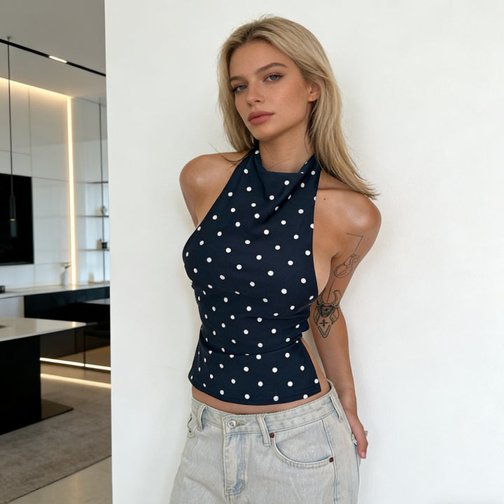 Dame Polka-Dots Haltertop med høj krave og figursynergivrende snit Skovae