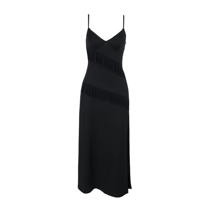 Dame Elegant Maxi Kjole med Legende Flæse Detaljer og Dyb Slids Skovae