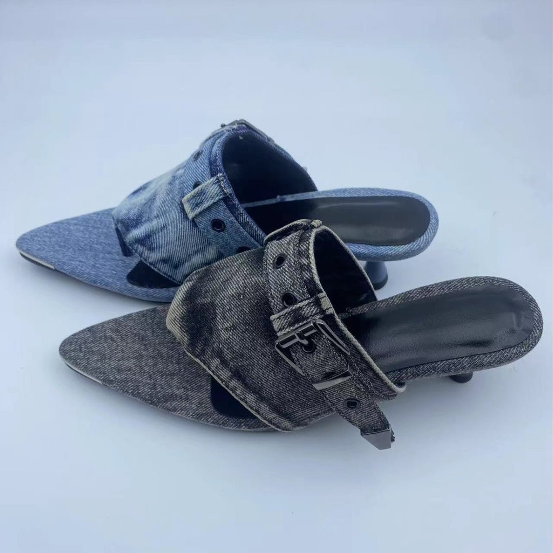Femme Spidse-æne Denim Slide Mules med justerbar spænde Stilla