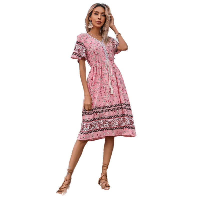 Dame Casual Bohemian Midikjole med Kvasterbindedetalje Stilla