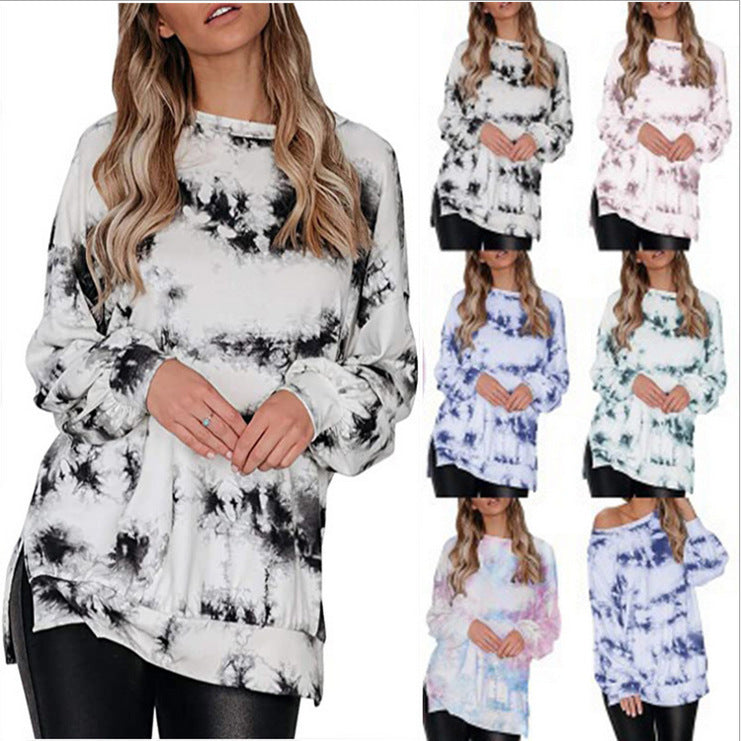 Dame afslappet sweatshirt med moderne tie-dye mønster og asymmetrisk kant Stilla