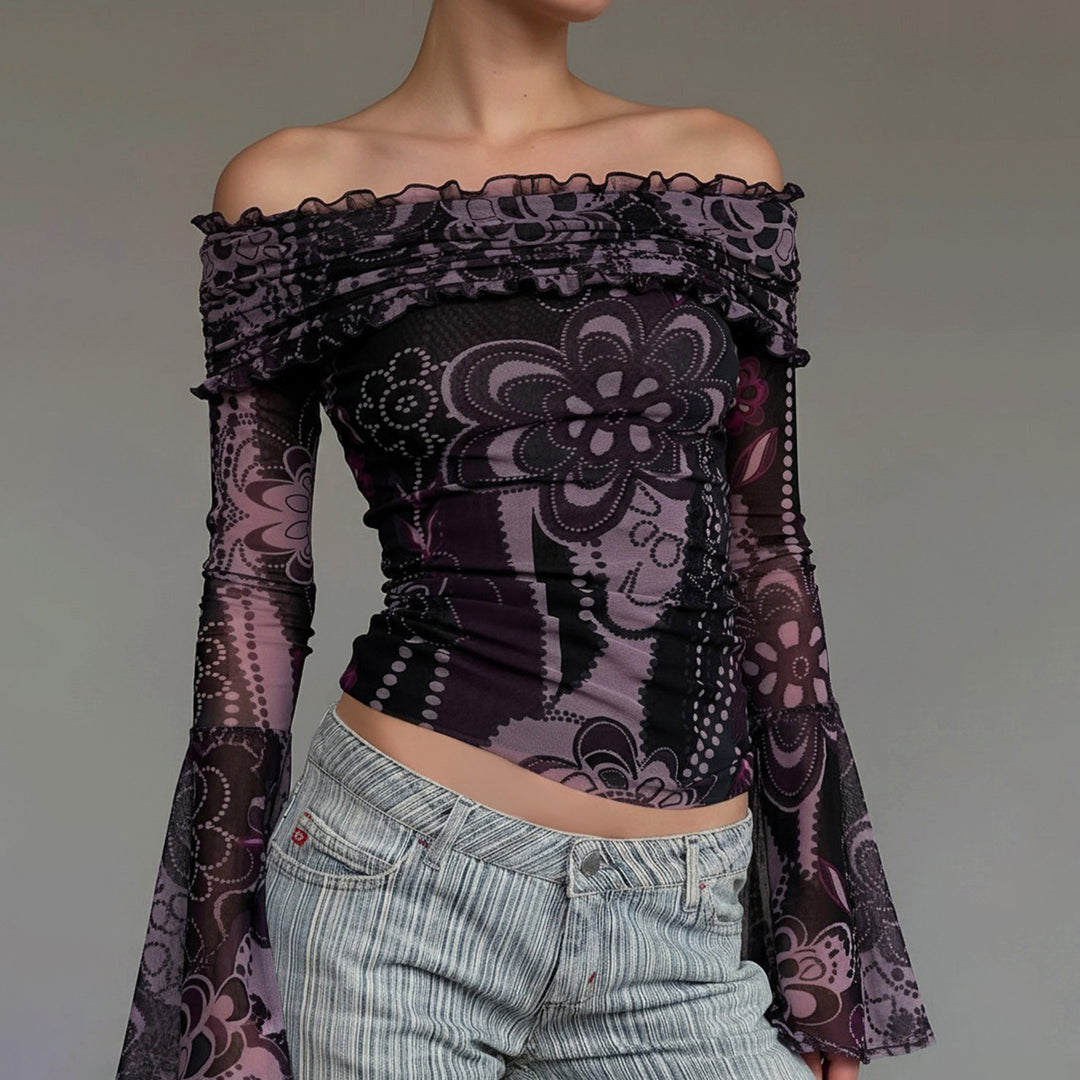 Dame Off-Shoulder top med voluminøse ærmer og blomstermønster Skovae