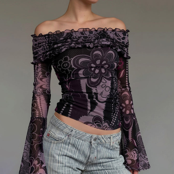 Dame Off-Shoulder Bluse med elegante rufledetaljer og brede ærmer Skovae