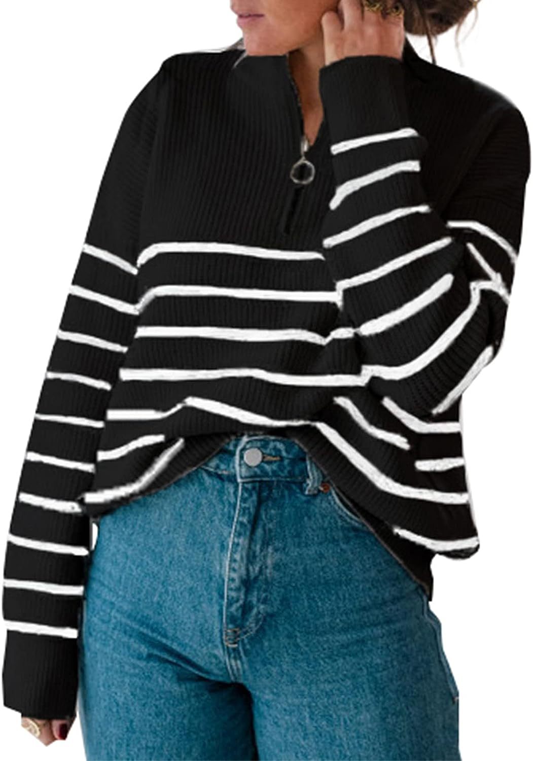 Dame afslappet sweater med kort lynlås og stribemønster Stilla