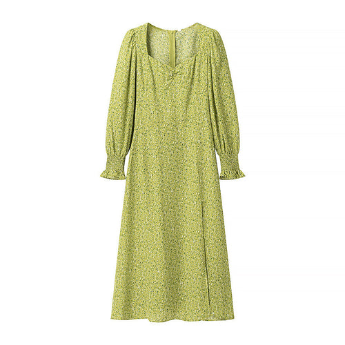 Dame Flowy Floral Midi Kjole med Puffærmer Stilla