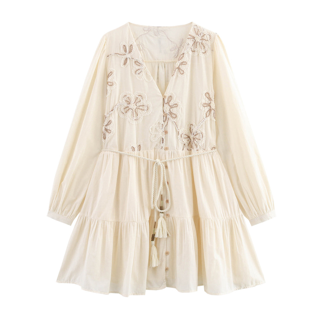 Dame Broderet Button-Up Mini Kjole med Snøre Talje Stilla