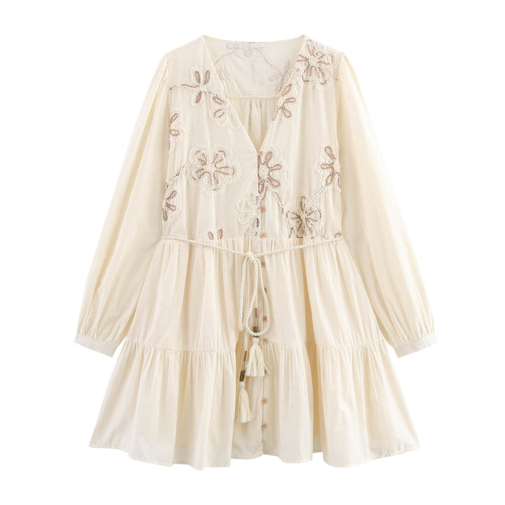 Dame Broderet Button-Up Mini Kjole med Snøre Talje Stilla