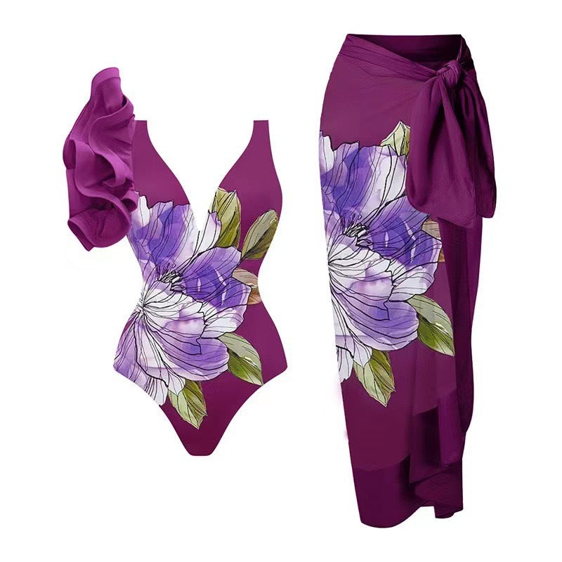 Dame badedragt sæt med blomster design og elegant omslag nederdel Skovae