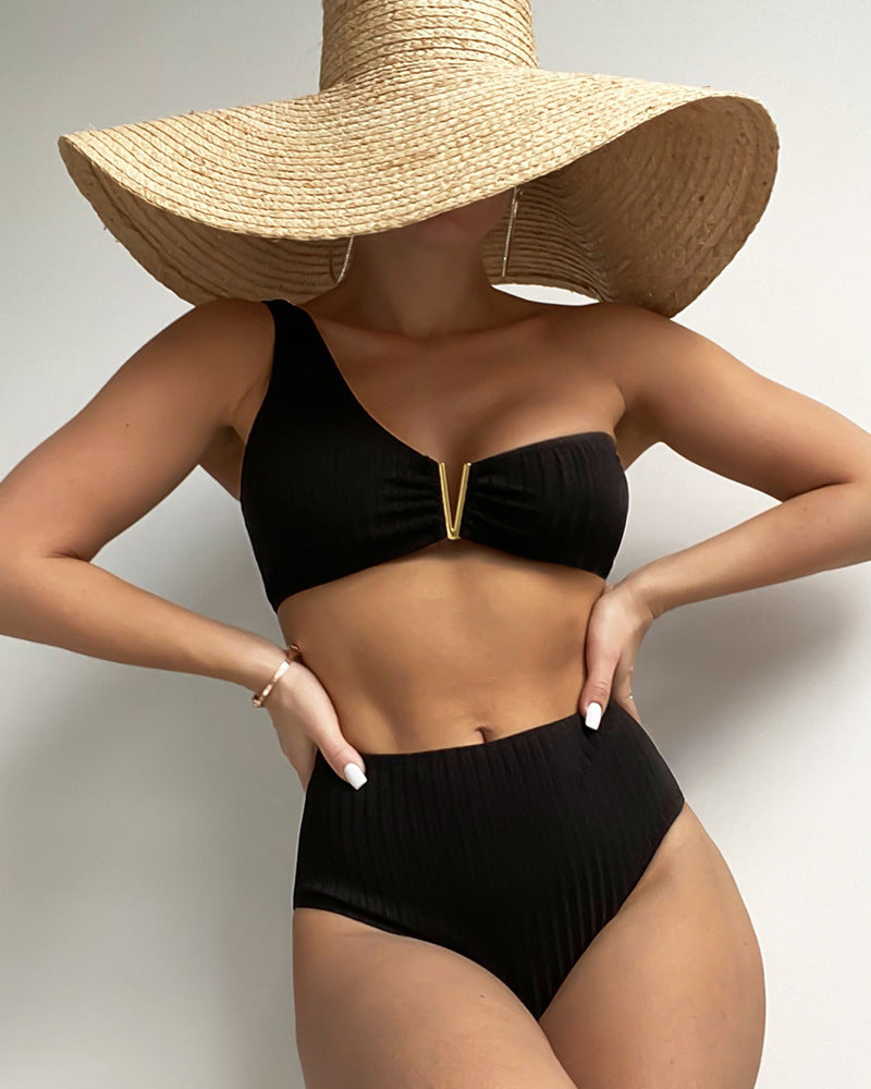 Dame Ribben-En-Skulder Høj Taljeret Bikini Sæt Stilla