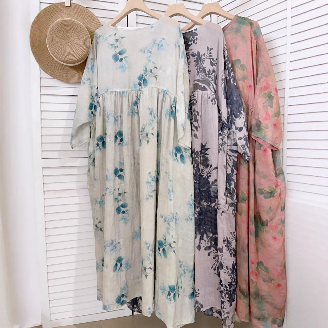 Femme Floral Print Maxi Kjole Med Flydende Ærmer Stilla