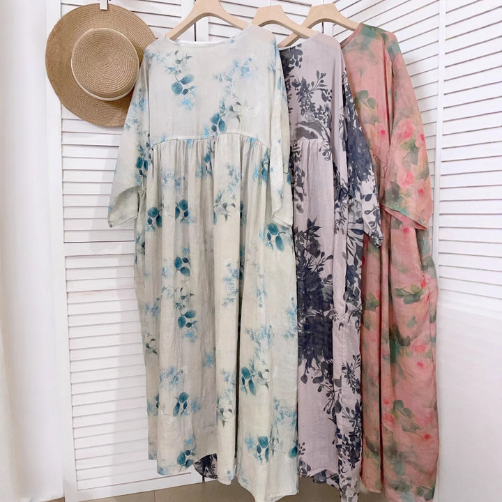 Femme Floral Print Maxi Kjole Med Flydende Ærmer Stilla