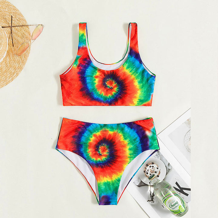 Dame Bikini-sæt med farverigt spiralmønster og høj taljedesign Stilla