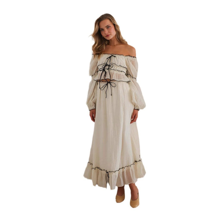 Dame Off-Shoulder Crop-Top med flæsedetaljer og bindebånd Stilla