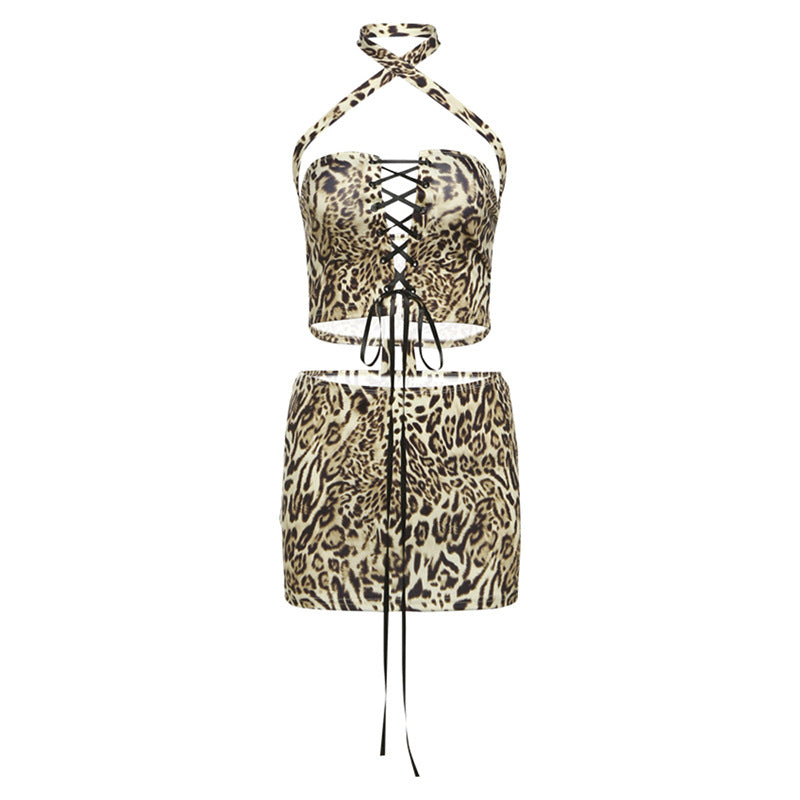 Dame sexy Bustier-sæt med raffineret snøredesign og dyremønster Stilla