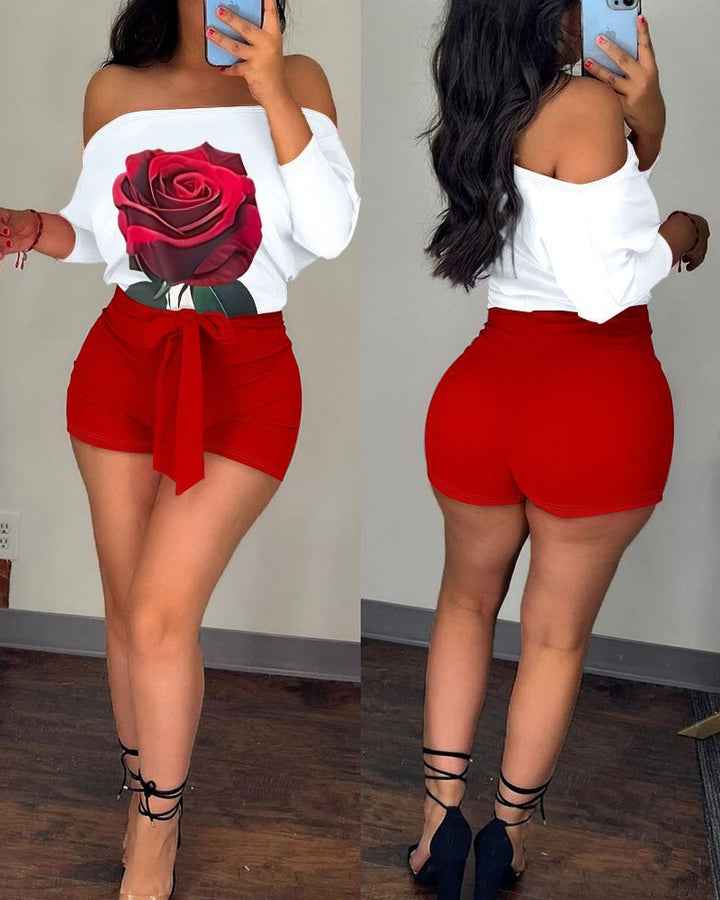 Dame Off-Shoulder Top med floral grafik og stribede shorts Skovae