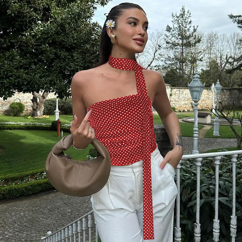 Dame Off-Shoulder A-formet Bluse med Halterneck og Dottmønster Stilla