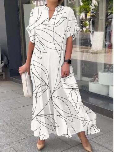 Dame elegant maxikjole med moderne mønstre og V-hals Stilla