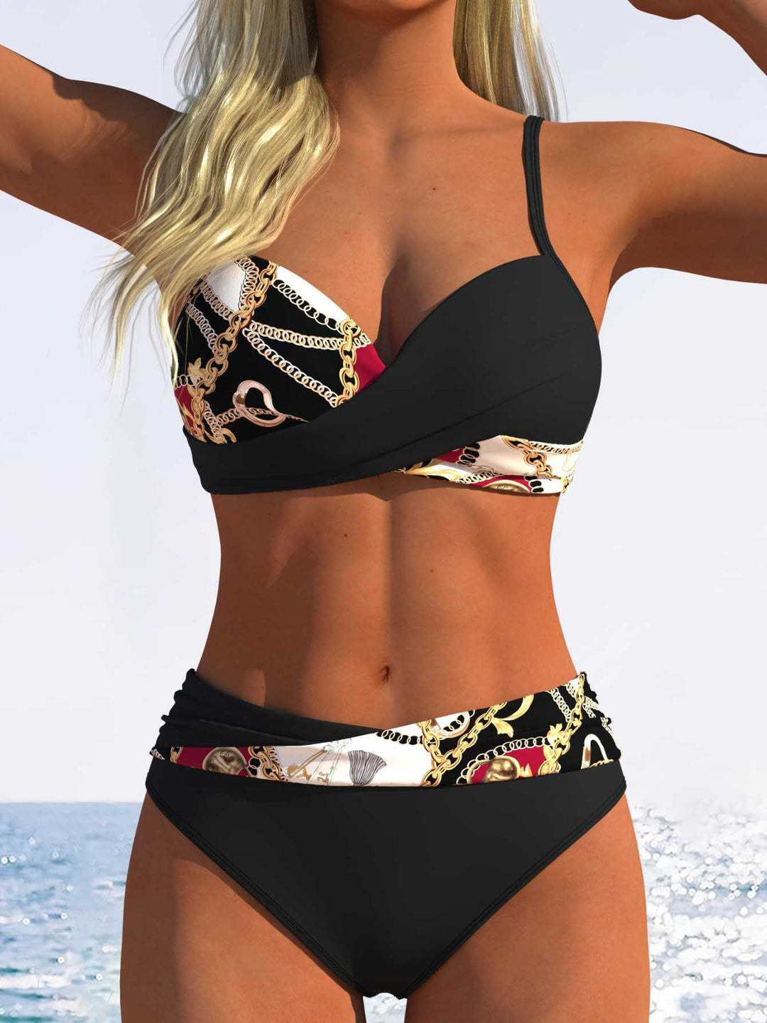 Dame bikini-sæt med moderigtig viklelook og smart kædemønster Skovae