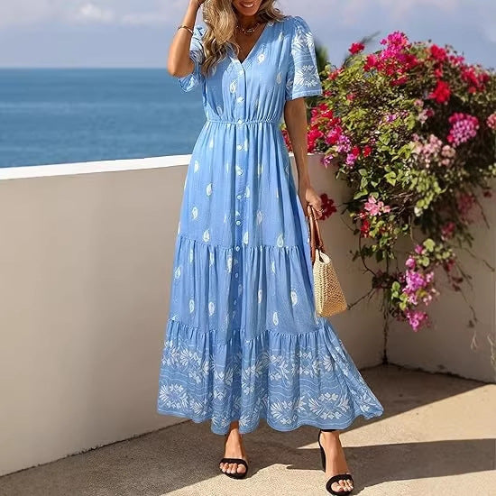 Dame Boho Maxikjole med blomsterprint og taljebelte Skovae