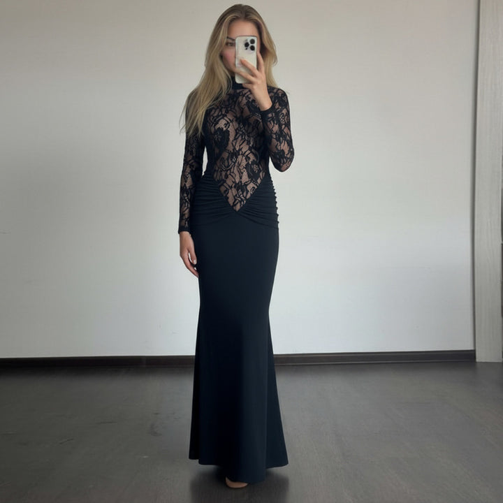 Dame Elegant Langærmet Kjole i Blonde med Rynket Silhuet Skovae