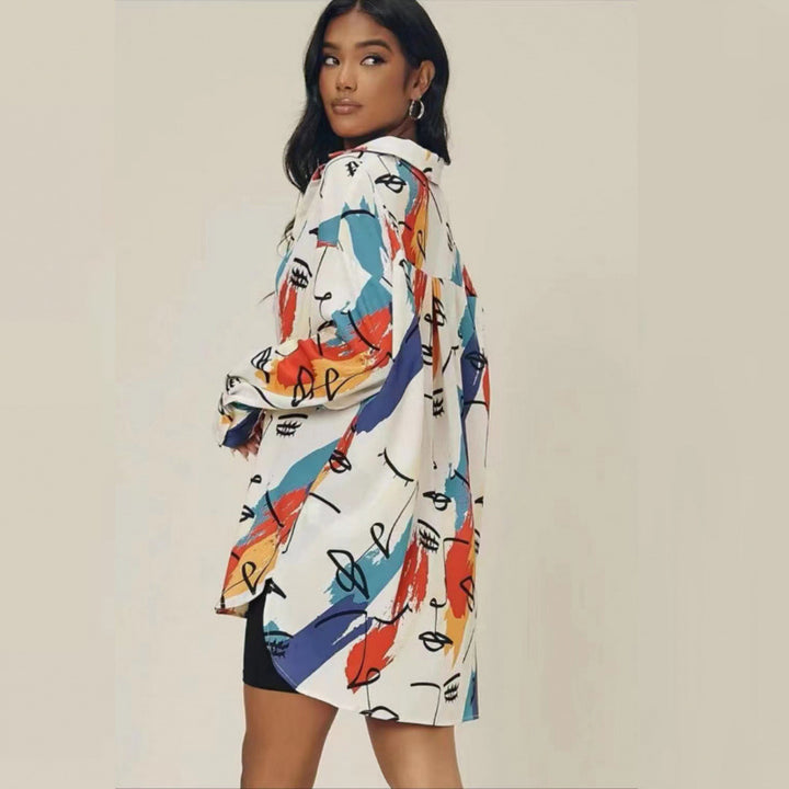 Femme Kunstnerisk Print Oversize Knap-Up Skjorte Stilla