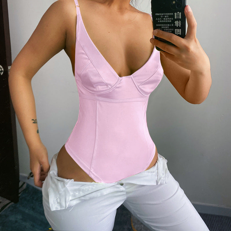 Dame Satin-Bustier-Top med dyb V-udskæring og elegant pasform Skovae