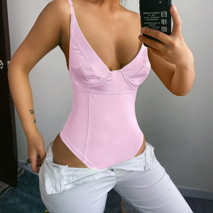 Dame Satin-Bustier-Top med dyb V-udskæring og elegant pasform Skovae
