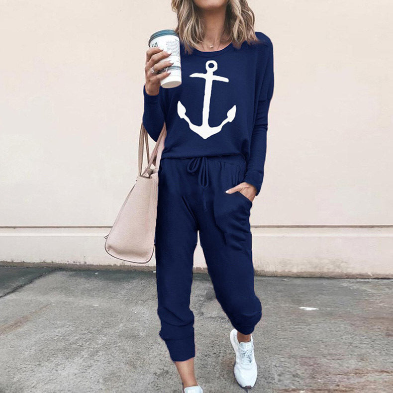 Dame afslappet jumpsuit med maritimt ankerdesign og elastisk linning Stilla