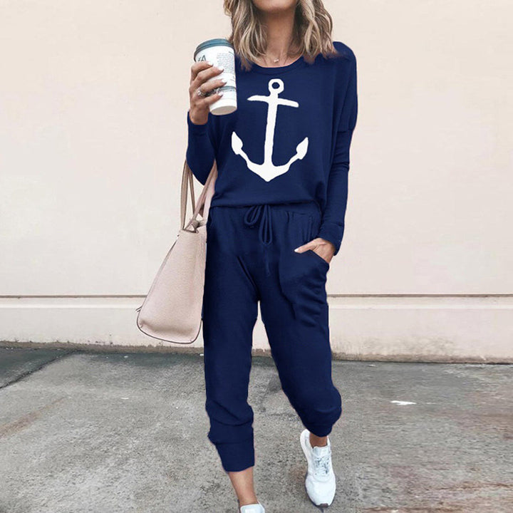 Dame afslappet jumpsuit med maritimt ankerdesign og elastisk linning Stilla