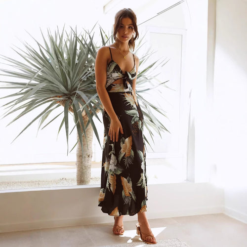 Dame Floral Print Vævet Maxikjole med justerbar bindebånd Stilla