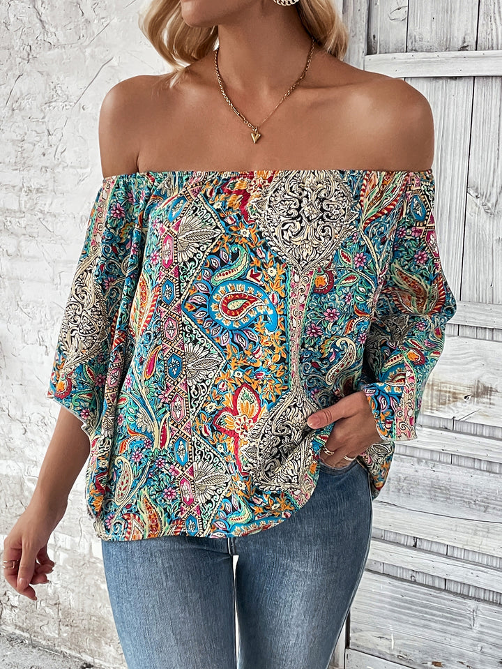 Dame Off-Shoulder Bluse med farverigt Paisley-mønster Stilla