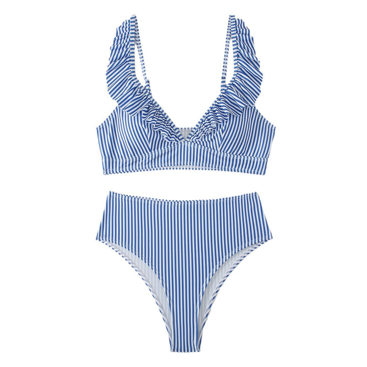 Dame bikini-sæt med voluminøse flæsedetaljer og høj benudskæring Stilla