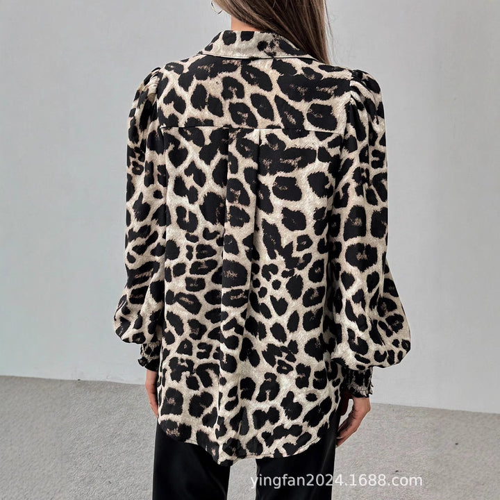 Damer Trendy Leopardmønster Bluse med Ballonærmer Stilla