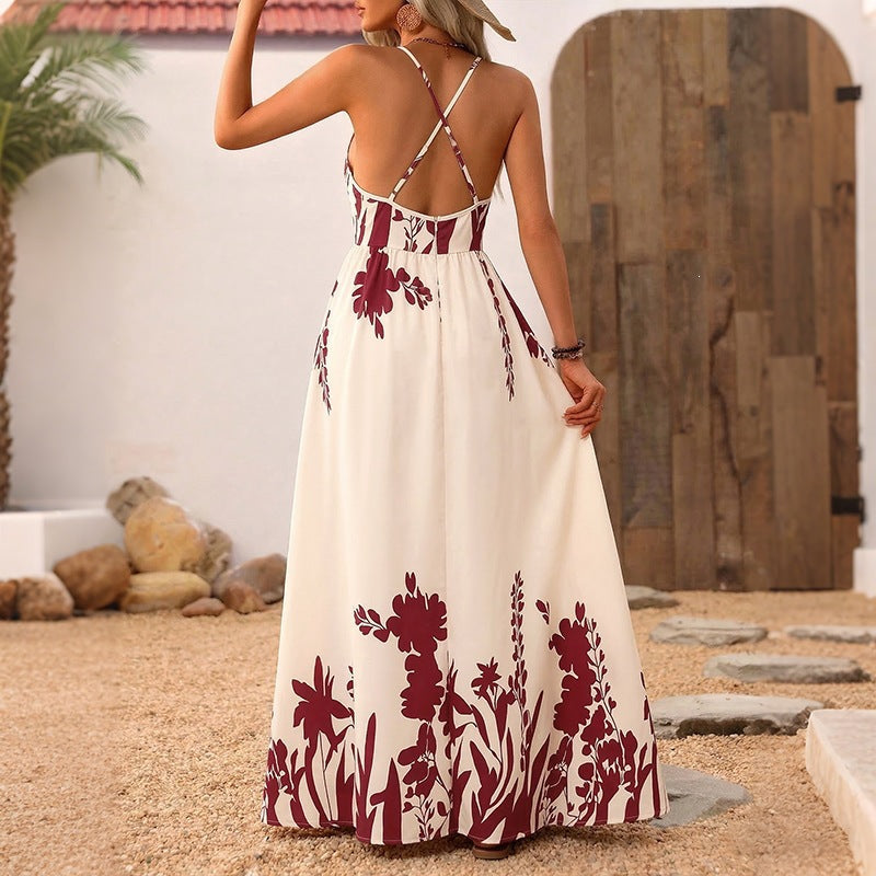 Damen Maxikleid mit tiefem V-Ausschnitt und floraler Applikation Skovae