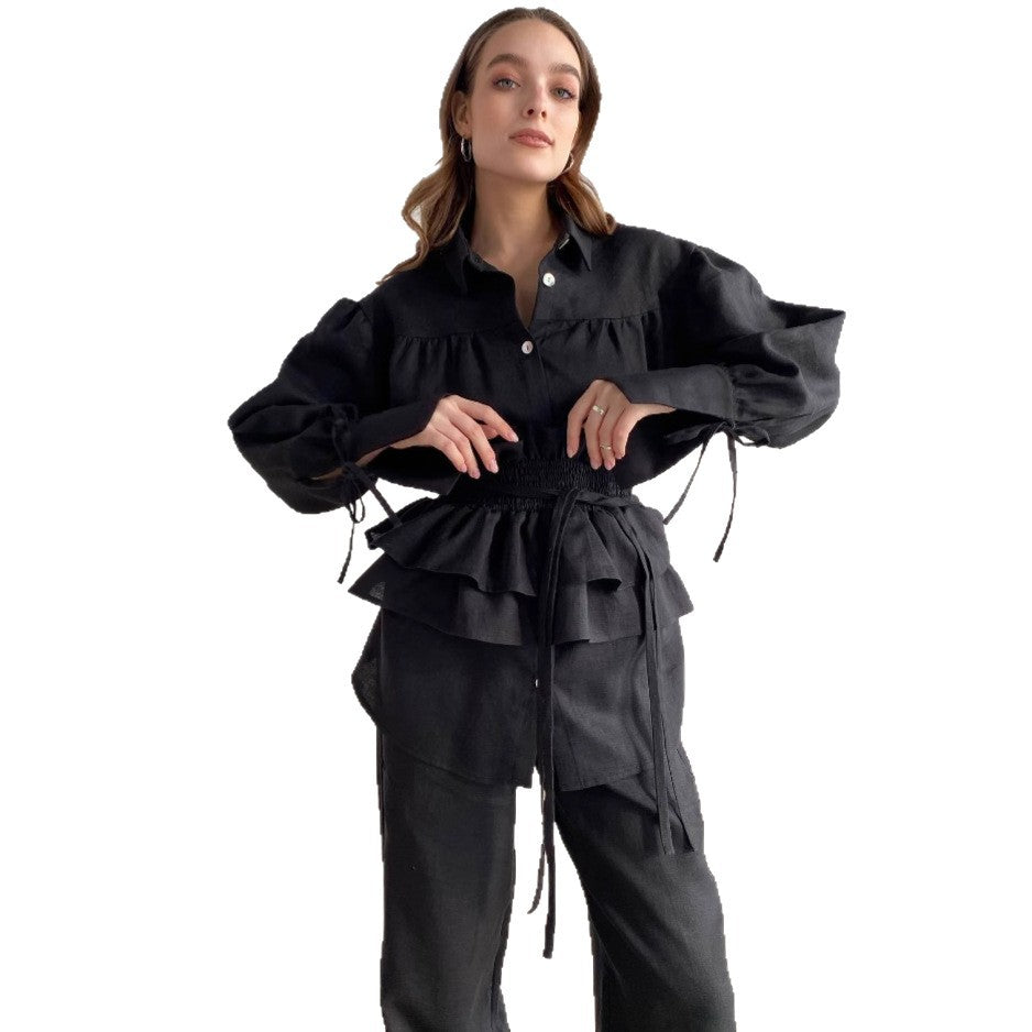 Dame Casual Bluse med Rynker og Talje bælte Stilla