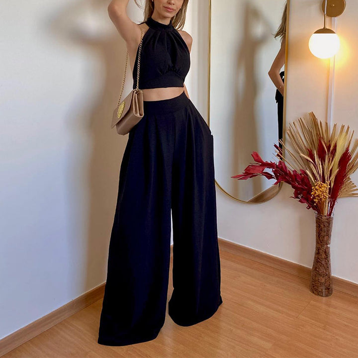 Dame Halterneck Crop Top og brede Bukser Sæt Stilla