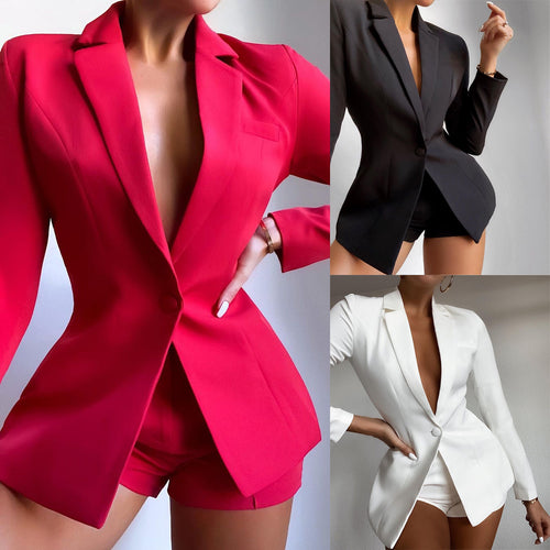 Damer trendy blazer-shorts-sæt med dyb V-hals Stiila