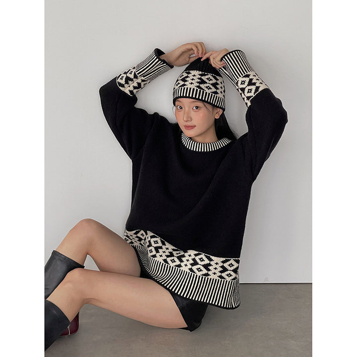 Dame Oversized Strikpullover med geometrisk mønster og høj krave Stilla