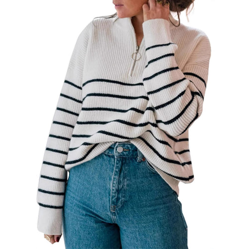 Dame afslappet sweater med kort lynlås og stribemønster Stilla
