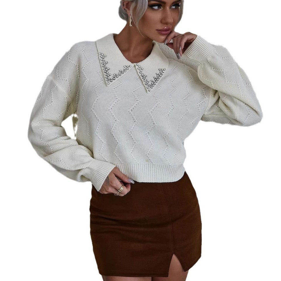 Dame strikpullover med glitrende krave Stilla