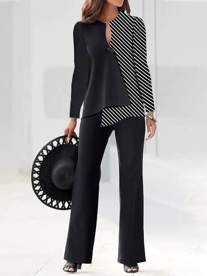 Dame Elegante og moderne to-delt sæt med asymmetrisk bluse og bredt skåret bukser Stilla