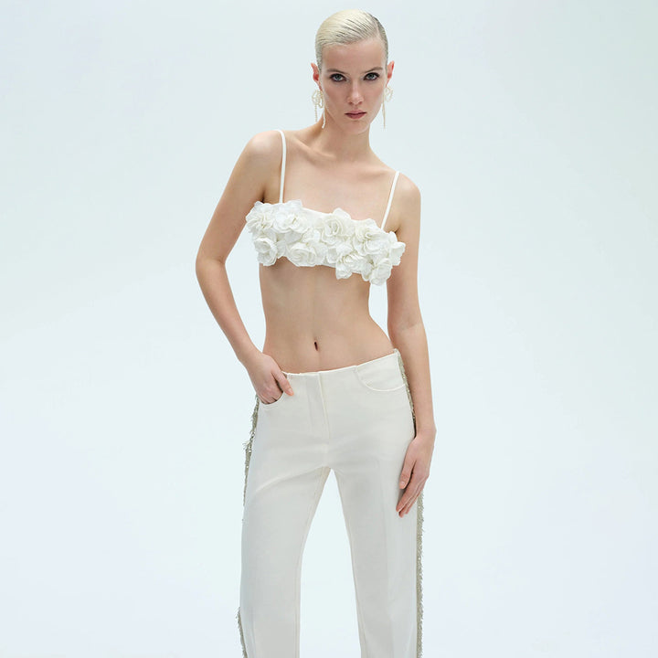 Dame elegant top med florale applikationer og smal buksedragt Skovae