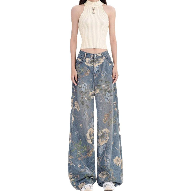 Damer brede jeans med blomster mønster Stilla