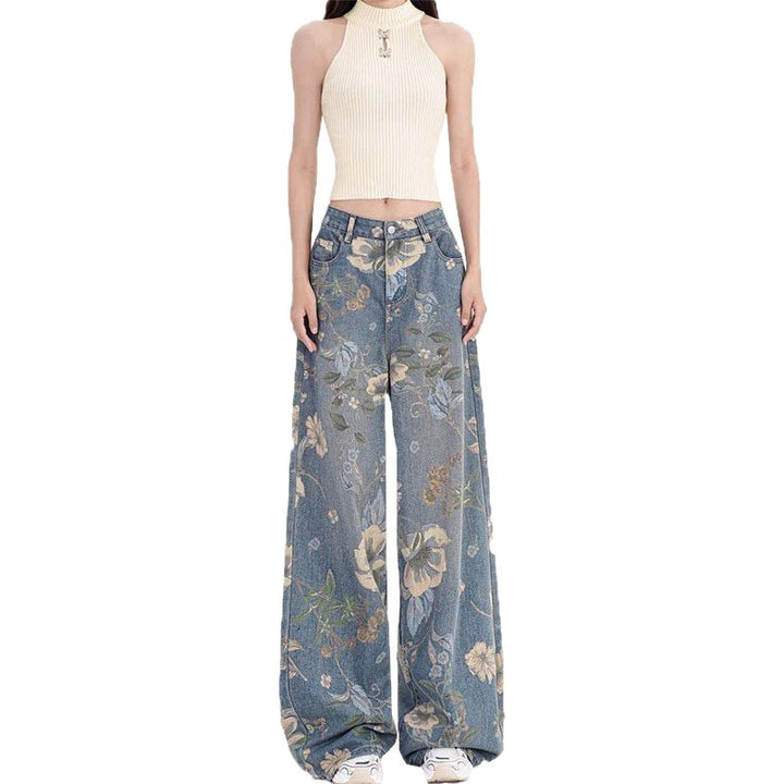 Damer brede jeans med blomster mønster Stilla