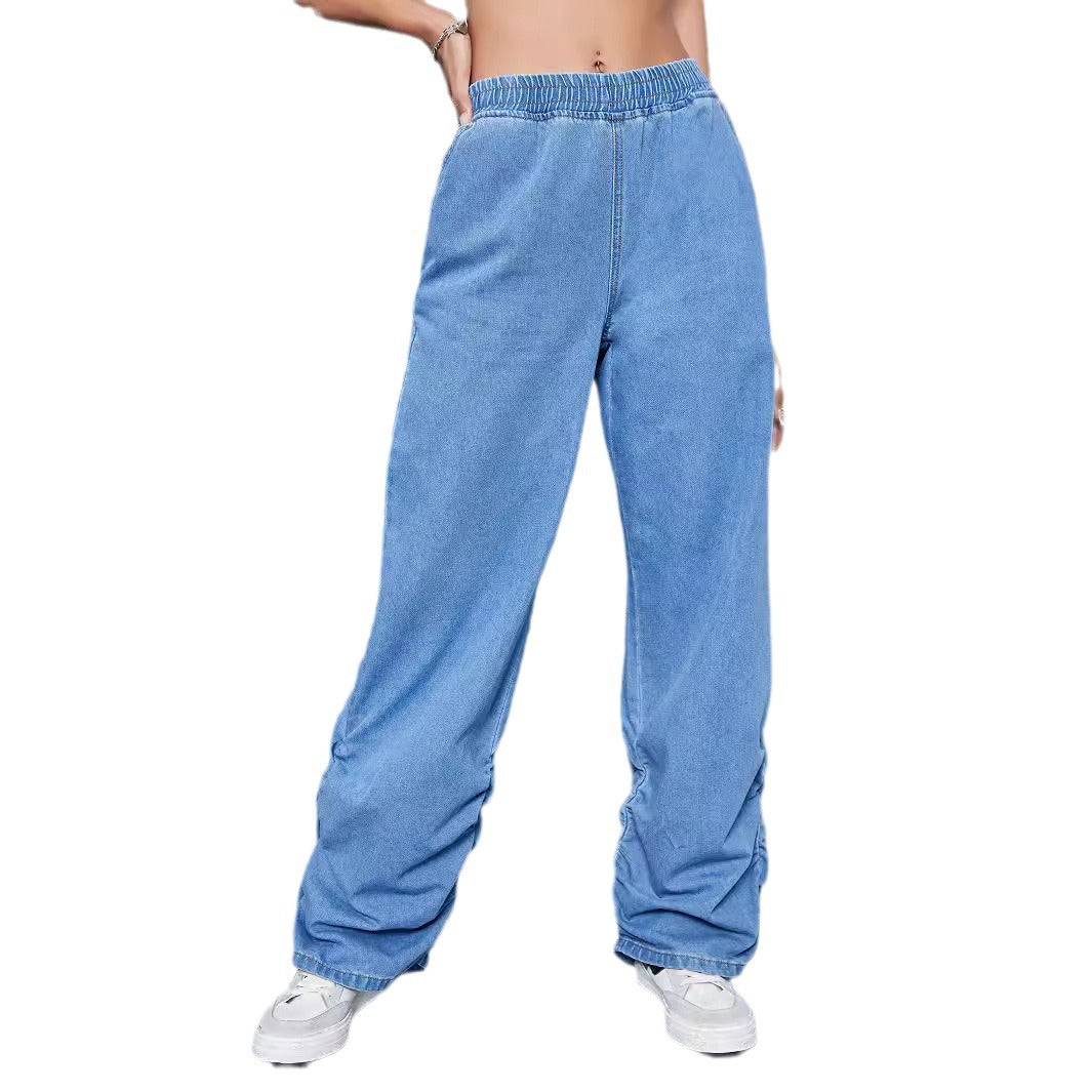 Damer casual denim-bukser med elastisk talje og sidelægnings-effekt Stilla